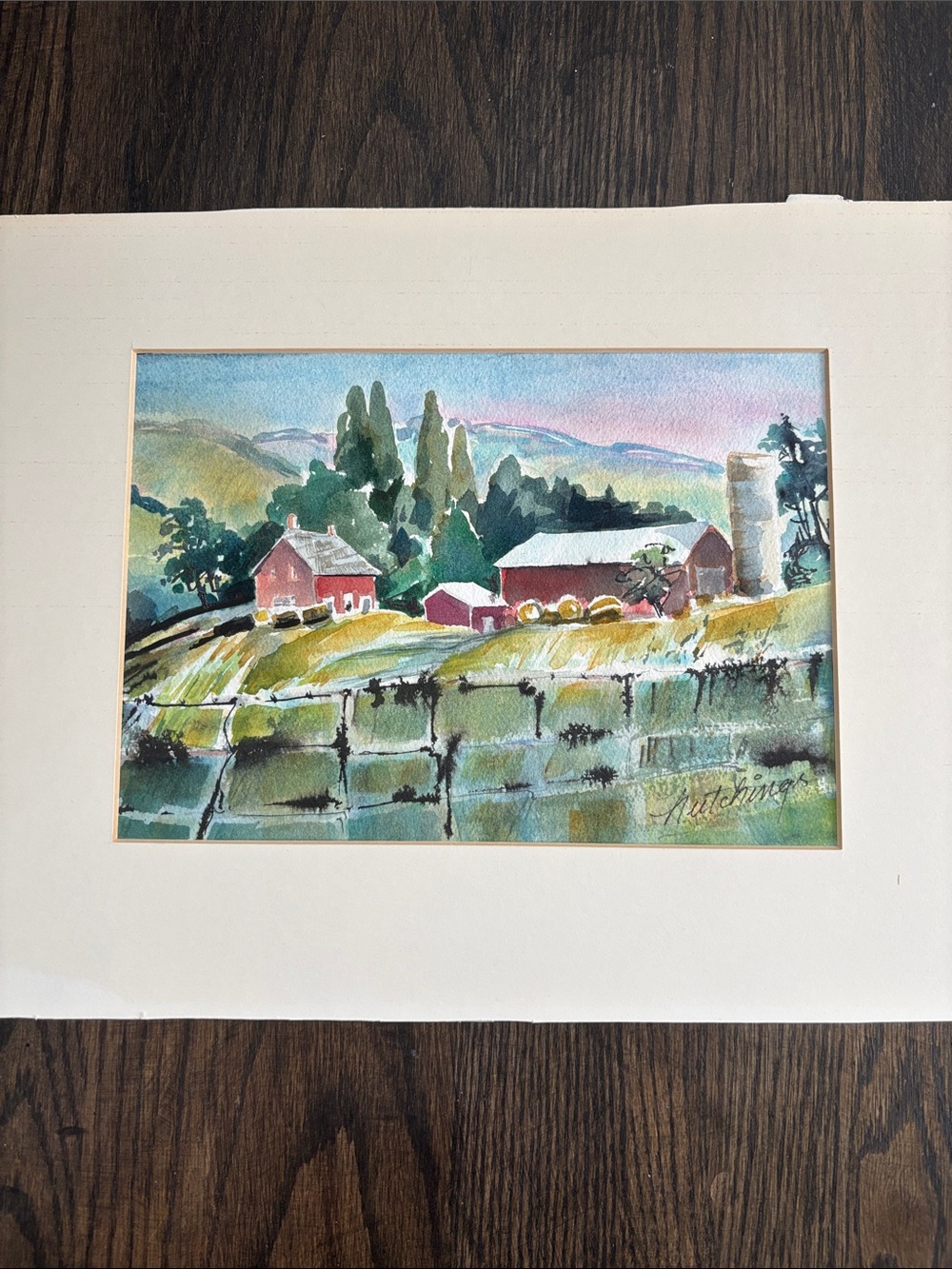 Signed watercolor painting: barn, brick house, field, barn wire, Hutchings,10x7”